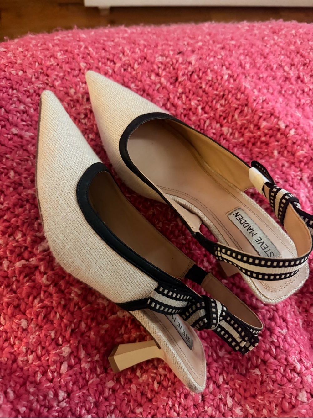 Steve Madden Cream Pointed Toe Slingback Heels with Black Trim